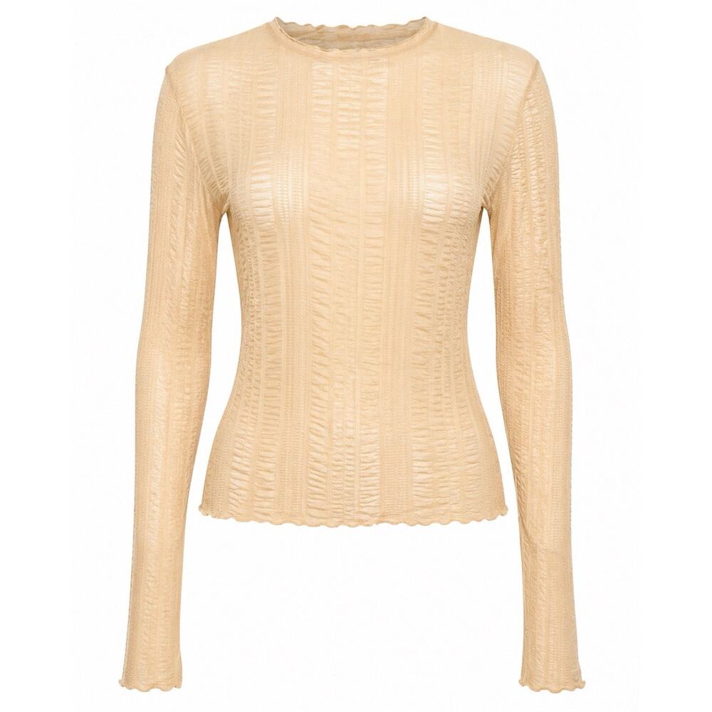 Y2K Sheer Mesh Textured Top Stretch Long Sleeve Beige Nude Ruched Knit Sz S to M